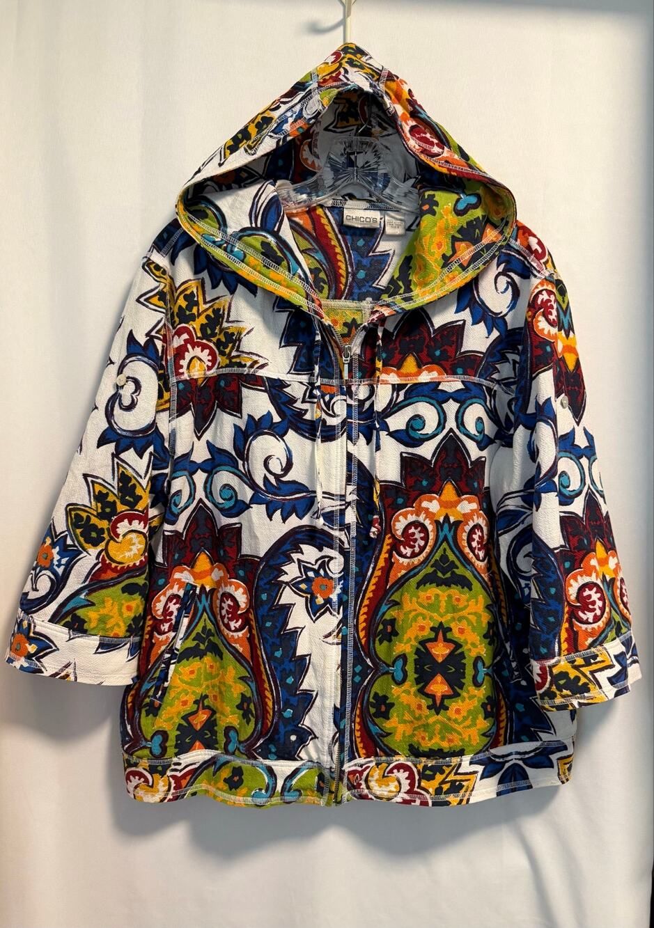 Chico's Artsy 100% Cotton Jacket Green Blue Paisley Size 2 (US 12)